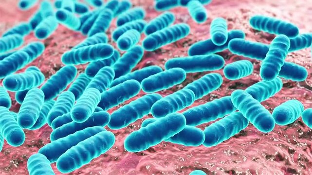 Lactobacillus bacteria, 3D animation showing rod-shaped probiotic bacilli attached to mucosal epithelial surface.