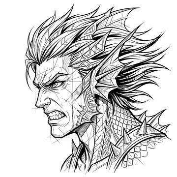 Hand drawn sketch of fierce warrior male mermaid portrait side profile isolated. Black line art merman illustration.