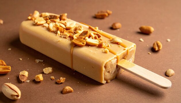 Caramel peanut popsicle on brown background, creamy texture with roasted peanuts, luxury dessert concept