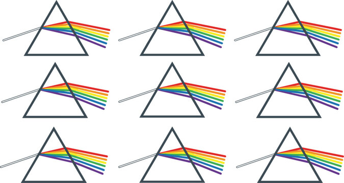 Pattern of light refraction through glass prisms creating rainbow spectrum colors on a white background set
