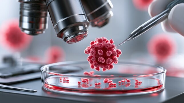 Microscopic view of abstract microbiological structures being manipulated with tweezers, alongside a petri dish, under a microscope lens in a sterile lab environment