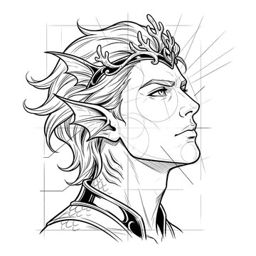 Hand drawn sketch of royal male mermaid portrait looking up side profile isolated. Black line art illustration.