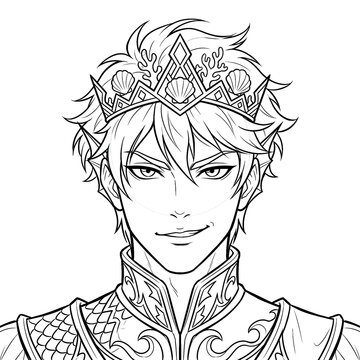 Hand drawn sketch of arrogant royal male mermaid portrait front view isolated. Black line art merman illustration.