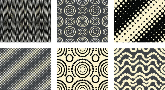 Set of monochrome geometric patterns featuring wavy lines, concentric circles, and halftone dot grids on a light background