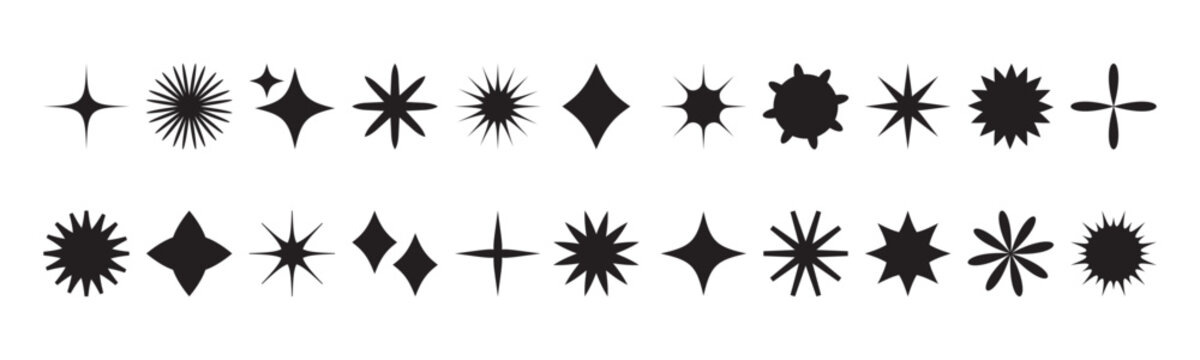 Star icon, simple light star shape, pictogram sparkle. Bright shine set, magic effect symbol. Cartoon special burst doodle isolated on white background. Black minimalist vector illustration