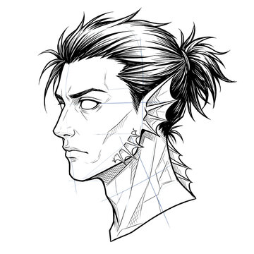 Hand drawn sketch of blind abyssal male mermaid portrait side profile isolated. Black line art illustration.