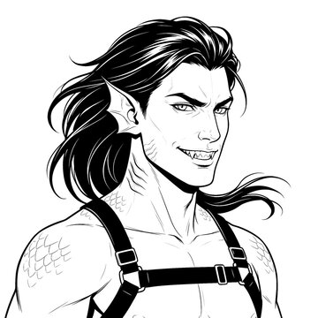 Hand drawn sketch of abyssal male mermaid portrait with sharp teeth three quarter view. Black line art illustration.
