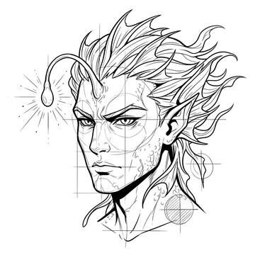Hand drawn sketch of abyssal male mermaid portrait with anglerfish lure three quarter view. Black line art illustration.