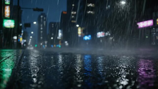 Cinematic night city street in heavy rain with neon reflections and passing car headlights rainy