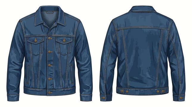 Classic Blue Denim Jacket Mockup Front and Back View Realistic Vector Illustration