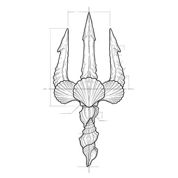 Hand drawn sketch of giant shell trident weapon isolated on white background. Black line art illustration.