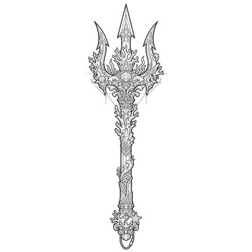 Hand drawn sketch of coral trident weapon isolated on white background. Black line art illustration.