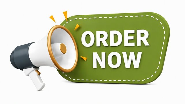 Cartoon megaphone shouting order now call to action button