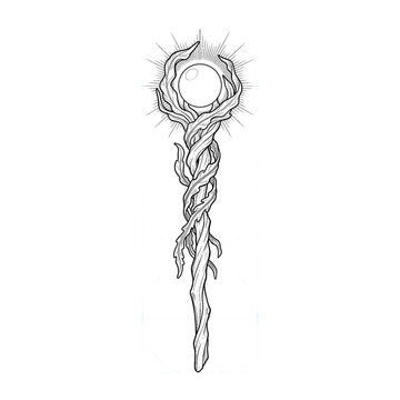 Hand drawn sketch of magic kelp staff with glowing pearl isolated. Black line art illustration.