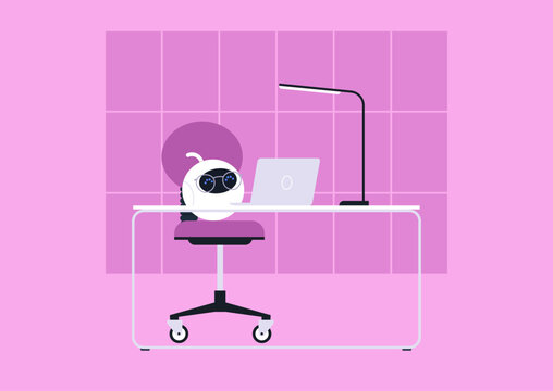 In a lively pink office, a cute robot sits at a sleek desk, engaged with a laptop under a stylish lamp, The scene captures the innovative spirit of technology in daily work life.