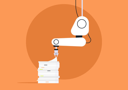 In a vibrant workspace, robotic arms skillfully handle stacks of papers, showcasing their efficiency in office duties. The scene blends technology and organization seamlessly.