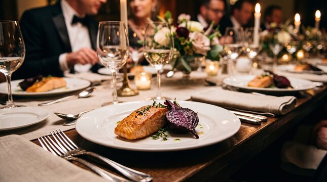 Gourmet roasted salmon served with beets at a formal gala dinner event in a ballroom