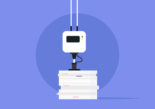 In a modern office setting, a robot is actively engaged in handling documents, showcasing their ability to enhance productivity and streamline workflows.
