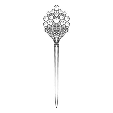 Hand drawn sketch of long pearl stick hairpin isolated on white background. Black line art illustration.