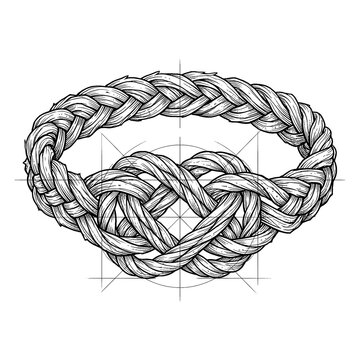 Hand drawn sketch of braided kelp knot bracelet isolated on white background. Black line art illustration.
