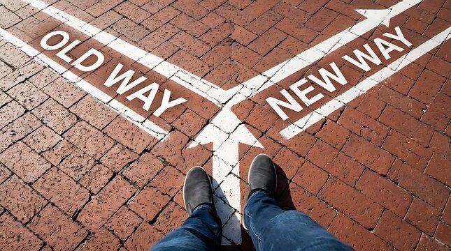 Person standing on brick road with arrows pointing to old way and new way representing life choice and future direction