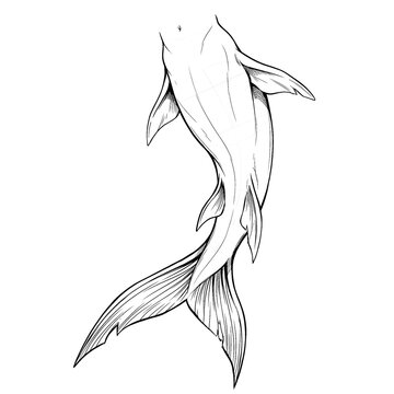 Hand drawn sketch of shark merman tail diving deep pose isolated. Black line art illustration.