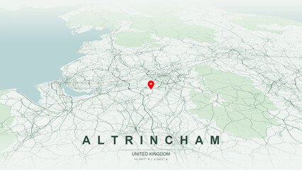 Modern minimalist vector map of Altrincham, Greater Manchester, England. High-quality scalable illustration of Altrincham geographic boundaries along Bridgewater Canal contours for posters design. © AliRza