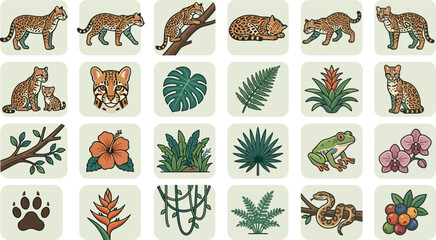 Set of ocelot wild cat icons and tropical rainforest jungle landscape elements in a modern flat vector art style © KhadizaAkter