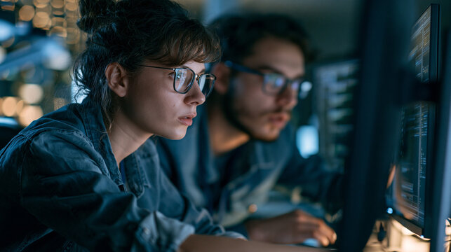 Young programmers working together at night in a modern digital workspace, coding and analyzing data on computer screens