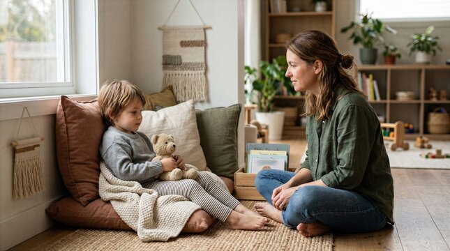 Parent sits near child in cozy calm-down corner at home, showing emotional regulation, gentle parenting, child stress relief and mindful family support.