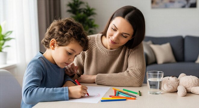 Parent supports child during quiet drawing routine, illustrating stress recovery, mindful family care, coping skills and healthy emotional development.