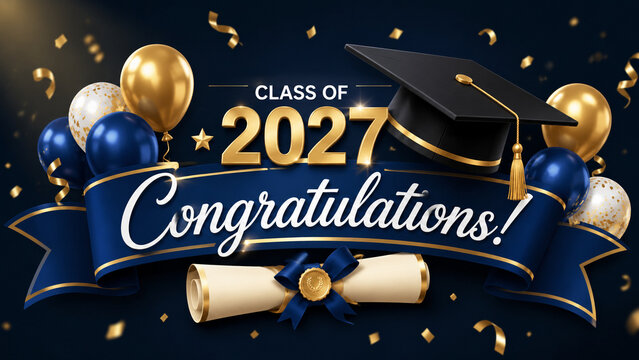 Class of 2027 graduation banner with mortarboard, diploma, balloons, and confetti.