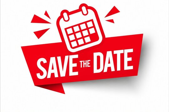 Save the date red banner with calendar icon and fireworks
