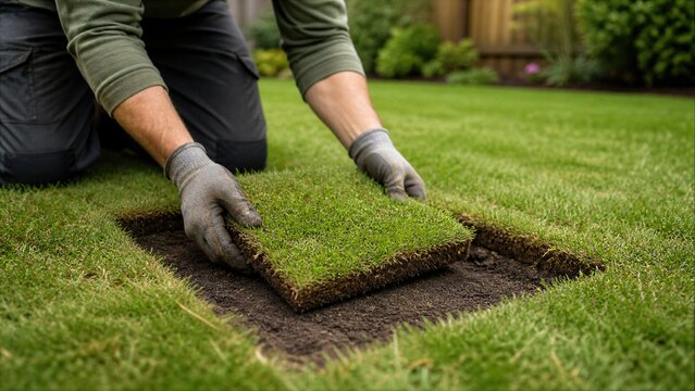 Residential lawn scene with fresh turf placed onto prepared soil, illustrating lawn recovery, repair work and outdoor care.