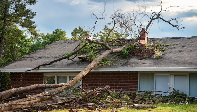 fallen tree branch on a house roof after a storm causing damage and creating a hazardous situation with debris scattered around