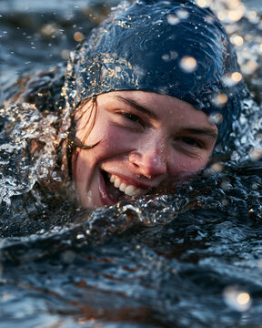 Female swimmer in blue swim cap doing freestyle with splashing water droplets outdoors on a sunny summer day