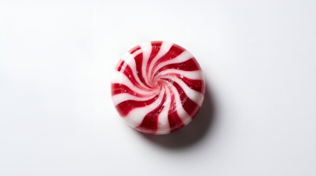 Single Red and White Swirl Peppermint Candy on White Background.
