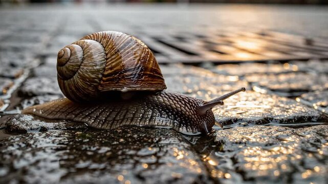 Garden snail crawling slowly on wet cobblestone pavement at sunset, macro close-up of mollusk shell and texture, cinematic nature wildlife detail