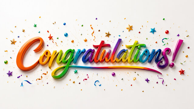 Elegant congratulations typography banner with golden stars and confetti on white background.