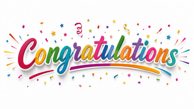 Elegant congratulations typography banner with golden stars and confetti on white background.