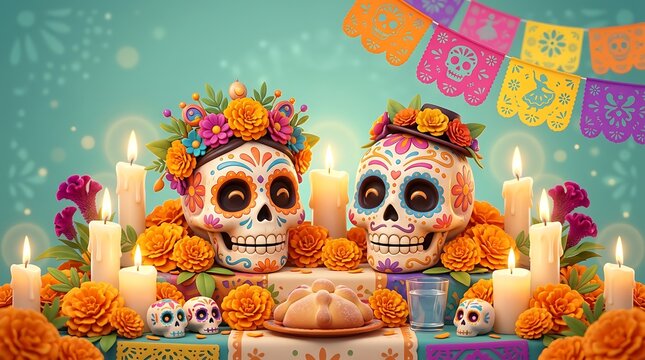 Cute day of dead skull couple with floral crowns and smiling faces surrounded by marigolds and candles on light background.