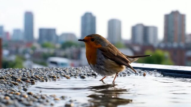 European robin bird bathing in urban rooftop puddle with blurred city skyline background, erithacus rubecula