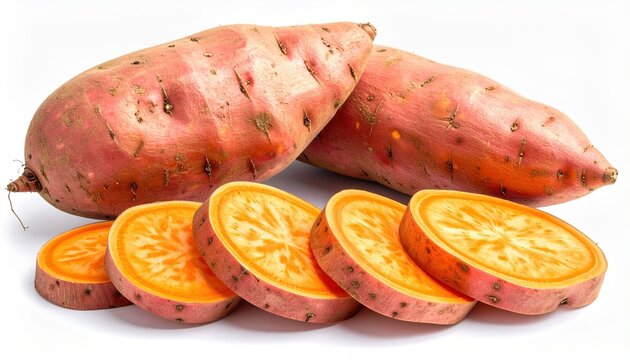 Whole sweet potatoes and sliced sweet potatoes, isolated on white background