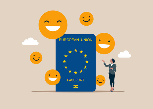 Strong passport. Passport European Union with smiling face symbols. Idea, happiness, success, chance. Opening of the border. Flat vector illustration.
