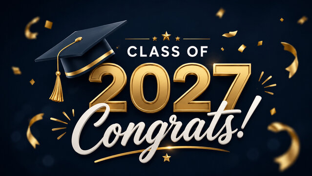 Class of 2027 graduation banner with mortarboard, diploma, balloons, and confetti.
