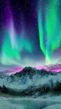 Vibrant northern lights dancing above snow covered mountain landscape with glowing reflections on a tranquil lake, creating a magical winter night scene perfect for travel advertising, nature backgrou
