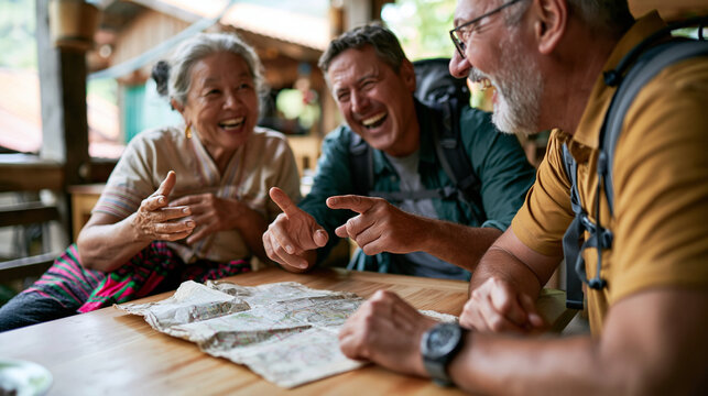 Close-up photography capturing cross-cultural friendship and laughter. Positioned on a light teak wooden table in a rural cafe in Southeast Asia, a diverse group of three older peo
