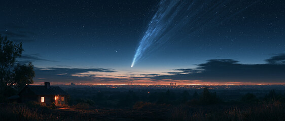 Starry night sky with comet meteor trail over peaceful rural countryside house and panoramic horizon at twilight © Visual Studio