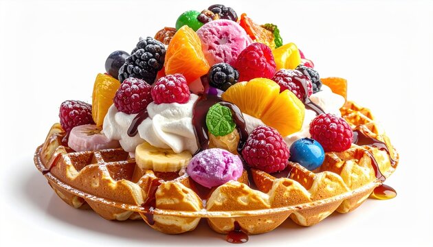 Hong Kong bubble waffle topped with ice cream, fruits and colorful candy, isolated on white background