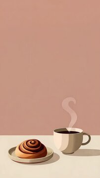 Minimalist coffee cup with cinnamon roll on pastel background, cozy breakfast still life with warm morning aesthetic, vertical lifestyle video
